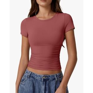 QINSEN Womens Large Merlot Crop T Shirt Crew Neck Short Sleeve Y2K Casual
